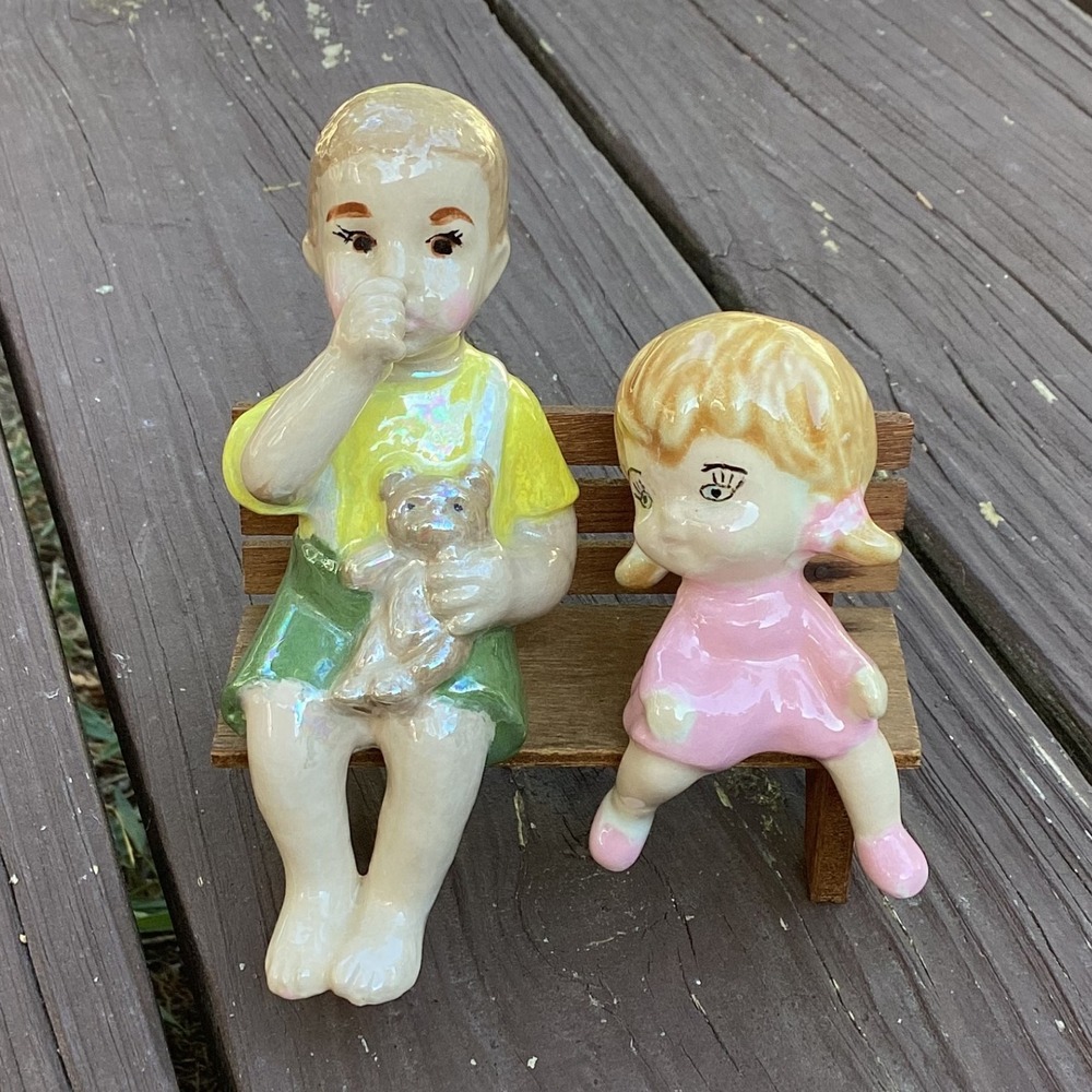 Vintage Ceramic Children Sitting on Bench Figurine‎ Teddy Bear Dollhouse